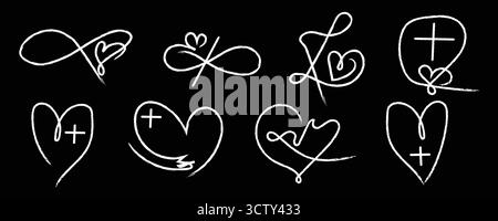 Liebessymbole Doodles auf schwarzem Hintergrund Herzen, Unendlichkeitszeichen und Kreuze. Stock Vektor