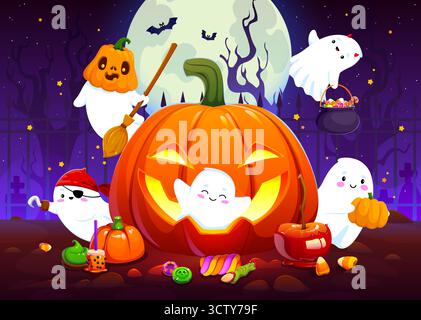 Cartoon Halloween-Geister mit Kürbissen und Süßigkeiten Stock Vektor