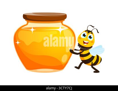 Honigglas und Bieneninsekte lustige Zeichentrickfigur Stock Vektor