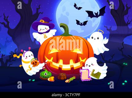Gruselige mystische Halloween-Landschaft süße, lustige Geister Stock Vektor
