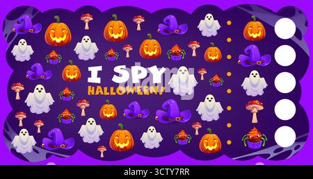 Ich spioniere Spiel-Arbeitsblatt mit Cartoon Halloween-Geistern Stock Vektor