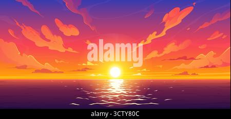 Cartoon Anime Sonnenuntergang Himmel, Meer Landschaft Hintergrund Stock Vektor