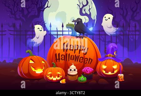 Halloween-Banner, lustige Geister, Laternenkürbisse Stock Vektor