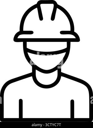 Eine schwarz-weiße Strichgrafik-Illustration eines Bauarbeiters, der einen Schutzhelm und Schutzkleidung trägt und Arbeit und Industrie symbolisiert Stock Vektor