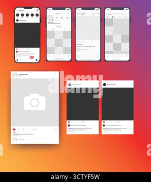 Instagram-Feed-Modell. Vorlage für Social-Media-Modelle. Instagram Post Frame Karussell Vorlage. Bildschirmschnittstelle auf dem iPhone-Smartphone. Story veröffentlichen Stock Vektor