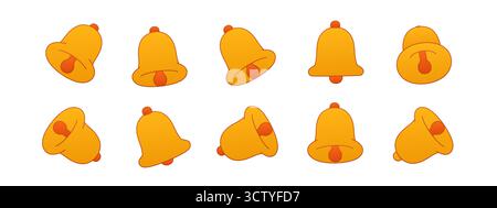 Illustration des Glockenvektors im flachen 3D-Stil. Gelbes Glockenspiel in verschiedenen Winkeln und Ansichten dargestellt. Ideal für Benachrichtigungen, Benachrichtigungen, mobile Apps, UI Stock Vektor