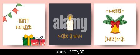 Ein Satz von drei quadratischen Vektor-Weihnachtsgrußkarten-Vorlagen mit modernen minimalistischen Designs, einer niedlichen tropfenden Kerze, einer festlichen goldenen Glocke mit r Stock Vektor