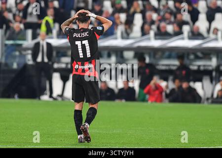 Christian Pulisic vom AC Milan reagiert auf das Fußballspiel der Serie A 2024/25 zwischen Juventus FC und AC Milan im Allianz Stadion Stockfoto