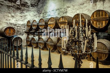Panoramablick auf das Weingut mit alten Holzfässern neben einem schmiedeeisernen Kronleuchter mit gebrauchten Wachskerzen hinter einem schwarzen schmiedeeisernen Kandelaber. Stockfoto