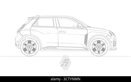 Februar 2024, Frankreich, neues Modell Renault 5 E-Tech Electric Präsentation, schwarz-weiße Strichzeichnung auf weißem Hintergrund, Vektorillustration Stockfoto