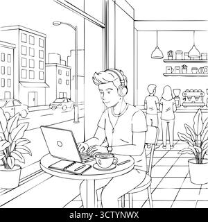 Freiberuflicher Mitarbeiter, der mit Laptop in Coffee-Shop-Illustration arbeitet Stock Vektor