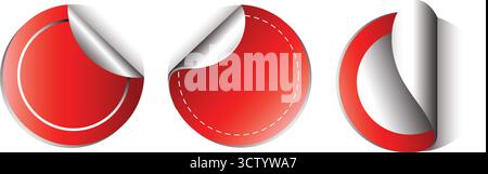 Rote kreisförmige Klebesymbole – realistische runde Papieraufkleber mit abblätternder Ecke und Schatten, isolierte, abgerundete Kunststoffmodelle Stock Vektor