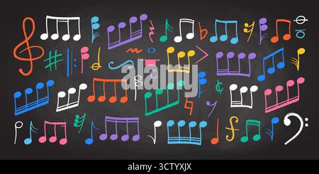 Notenzeichen mit Buntstift in Pastellfarben oder Kreide kritzelnd handgezeichnete Symbolformen. Stock Vektor