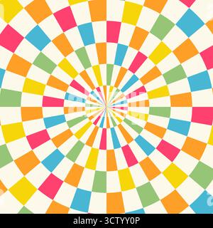 Buntes kariertes Muster, radiales Design, psychedelische Retro-abstrakte Hintergründe im Stil der 70er Jahre, Stock Vektor