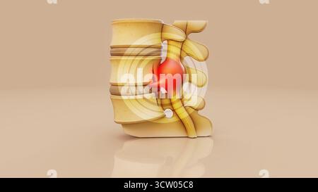 Konzeptionelle 3D-Darstellung eines Bandscheibenvorfalls in der Lendenwirbelsäule Stockfoto