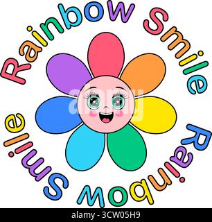 Fröhliche Zeichentrickblume mit Regenbogenblättern und Rainbow Smile Text. Stock Vektor