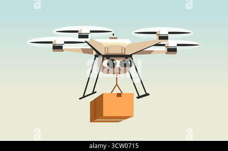 Drohnenlieferservice Luftpaketversand Quadcopter fliegt mit Karton isoliert auf Licht Gradient Hintergrund Technologie Konzept Stock Vektor