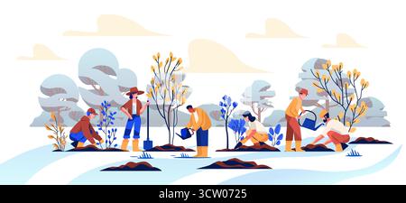 Menschen Pflanzen Bäume Umweltschutz Teamwork verschiedene Gruppen Gartenarbeit Bewässerung Setzlinge Natur Outdoor Landschaft nachhaltige Gemeinschaft Stock Vektor