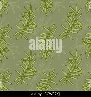 Mooszweige handgezeichnete Kritzelung auf grünem Hintergrund, nahtloses Muster. Vektorabbildung Stock Vektor
