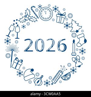 Neujahrskranz 2026 mit Feiertagsymbolen im kreisförmigen Design Hintergrund Vektor Stock Vektor