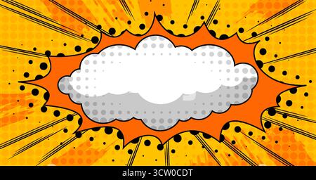 Comic-Explosion mit leerer Wolke für Superhelden-Text – leuchtend orange, strahlende gelbe Strahlen und schwarze Punkte um weiße Sprechblase mit Halbtonmuster. Hintergrund im Pop-Art-Stil im Retro-Stil. Stock Vektor