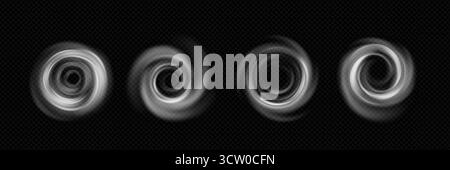 Wirbelwirbeleffekte mit kreisförmiger Bewegung auf dunklem transparentem Hintergrund für dynamische Grafiken. Weiße Rauchringe oder Tornado-Spiralen. Abstrakte Energiewellen und Luftströmungselemente zur Animation. Stock Vektor