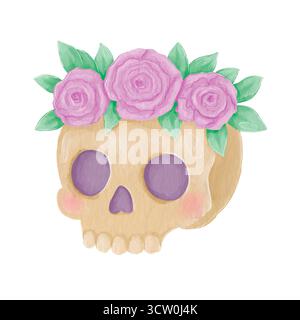 Aquarell-Illustrationselement für Halloween und den Tag der Toten. Schädel mit niedlichen lila Blumen. Niedliche Zeichnung. Stockfoto
