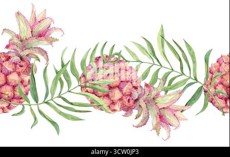 Horizontales, nahtloses Aquarellmuster mit Ananas und Palmblättern. Mini-Ananas und tropisches Grün. Illustration für Textilien, Überzüge und Sommermotive. Dschungel und Karibik. Stockfoto