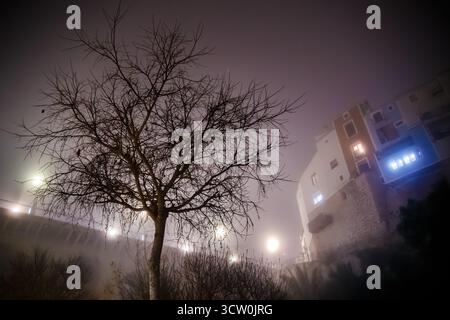 the old bridge in Villajoyosa during the golden hour, with the famous colorful houses lining the riverbank. This perspective captures the depth and hi Stockfoto