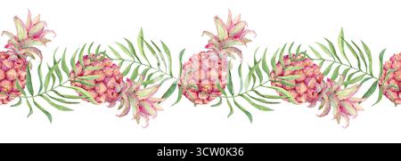 Horizontales, nahtloses Aquarellmuster mit Ananas und Palmblättern. Mini-Ananas und tropisches Grün. Illustration für Textilien, Überzüge und Sommermotive. Dschungel und Karibik. Stockfoto