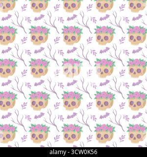 Ein niedliches Muster für Halloween und Day of the Dead mit Totenschädeln im Aquarellstil. Ein süßer Schädel und eine Fledermaus in hellen Farben. Stockfoto