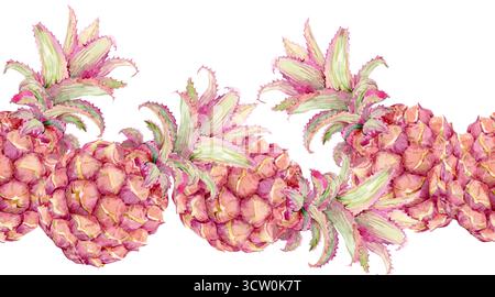 Nahtloses Aquarellmuster mit Ananas. Horizontaler Rand mit rosafarbenen Mini-Ananas. Illustration für Textilien, Geschenkpapier, Umschläge und Sommermotive. Tropischer Dschungel und karibischer Stil. Stockfoto
