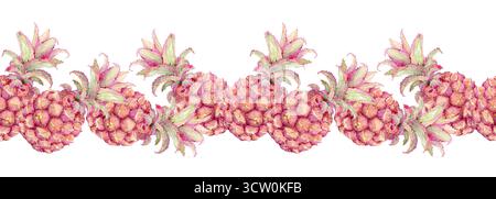 Nahtloses Aquarellmuster mit Ananas. Horizontaler Rand mit rosafarbenen Mini-Ananas. Illustration für Textilien, Geschenkpapier, Umschläge und Sommermotive. Tropischer Dschungel und karibischer Stil. Stockfoto