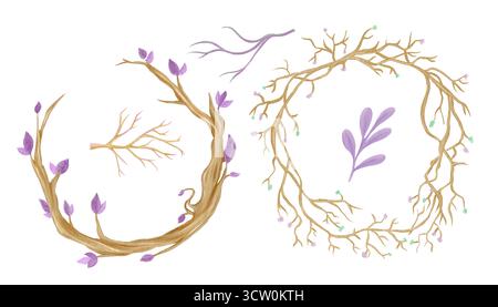 Eine Sammlung von Kränzen aus Zweigen, Blättern und trockenen Zweigen. Aquarellillustrationen der Herbst- und Frühlingsblume. Stockfoto