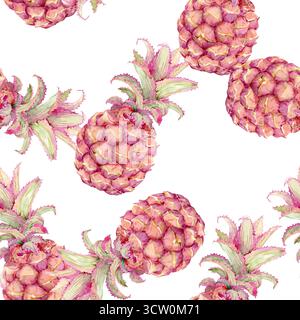 Nahtloses Aquarellmuster mit Ananas. Rosafarbene Mini-Ananas isoliert auf Hintergrund. Illustration für Textilien, Geschenkpapier, Umschläge und Sommermotive. Tropischer Dschungel und karibischer Stil. Stockfoto