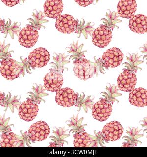 Nahtloses Aquarellmuster mit Ananas. Rosafarbene Mini-Ananas isoliert auf Hintergrund. Illustration für Textilien, Geschenkpapier, Umschläge und Sommermotive. Tropischer Dschungel und karibischer Stil. Stockfoto