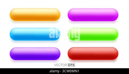 Set aus leuchtenden, hochglänzenden, abgerundeten 3D-Tasten oder Bannern in verschiedenen Farben. Moderne UI-Elemente für Webdesign. Vektorabbildung Stock Vektor