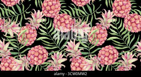 Nahtloses Aquarellmuster mit Ananas und Palmblättern. Mini-Ananas und tropisches Grün auf schwarzem Hintergrund. Abbildung für Textilien, Umhüllungen, Abdeckungen. Dschungel und Karibik. Stockfoto