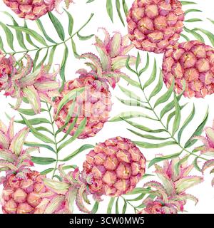 Nahtloses Aquarellmuster mit Ananas und Palmblättern. Mini-Ananas und tropisches Laub. Illustration für Textilien, Geschenkpapier, Umschläge und Sommermotive. Dschungel und Karibik. Stockfoto