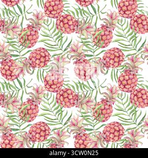 Nahtloses Aquarellmuster mit Ananas und Palmblättern. Mini-Ananas und tropisches Laub. Illustration für Textilien, Geschenkpapier, Umschläge und Sommermotive. Dschungel und Karibik. Stockfoto