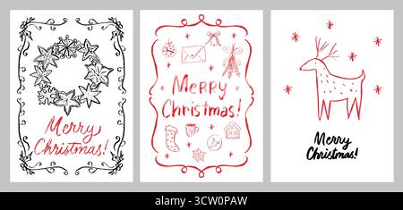 Grußkarten-Set „Frohe Weihnachten“. Weihnachtsdesign im trendigen Retro-Stil mit handgezeichnetem Doodle. Retro-Grafiken, Kranz, Hirsch, festlich. Stock Vektor