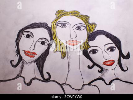 Abstraktes handgezeichnetes Porträt von drei Frauen mit ausdrucksstarken Augen, kräftigen roten Lippen und stilisierten Linien im künstlerischen Design. Stockfoto
