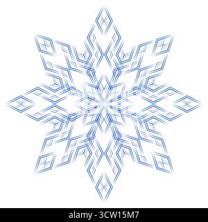 Blaues ornamentales geometrisches Fantasy-Designelement. Große verzierte blaue Schneeflocke auf weißem Hintergrund. Eleganter geometrischer Mandala-Stern. Weihnachtsschneeflocke Stock Vektor