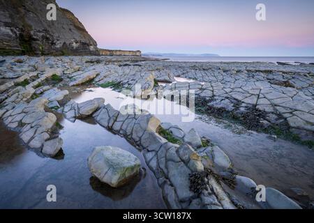 Gebrochene Felsvorsprünge am East Quantoxhead Beach an der Küste von Somerset, England. Frühjahr (April) 2025. Stockfoto