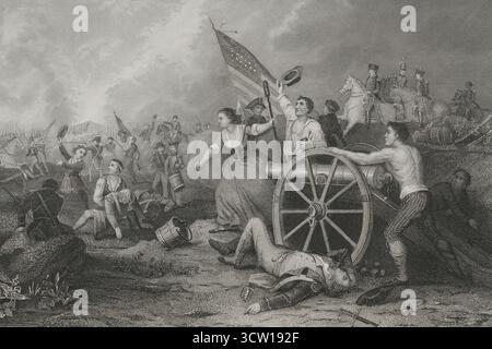 Amerikanischer Unabhängigkeitskrieg. Schlacht von Monmouth (28. Juni 1778). Die Kontinentalarmee unter George Washington Griff die Rückseite einer britischen Kolonne unter Sir Henry Clinton an, als sie Monmouth Court House verließ. Molly Pitcher (Mary Ludwig Hays, 1754–1832) in der Schlacht von Monmouth. Gravur. Geschichte der Vereinigten Staaten von Amerika, von J. A. Spencer. Band I. Ausgabe in Barcelona, 1872. Stockfoto