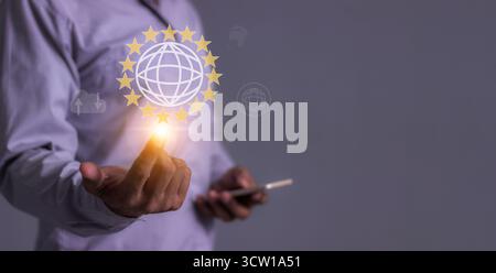 Junger Mann Hand mit Smartphone zu Interconnect, vernetztes Konzept; Menschen verbinden sich über drahtloses Internet in einer Welt der digitalen Technologie und Kommunikation Stockfoto