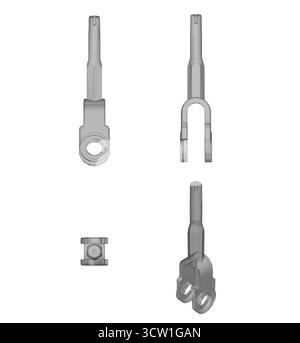 cad-Zugstangensystem, Bohrschraubengabel, Konnektivitätsklemmen Hardware, technische Zeichnung in 3D Stockfoto