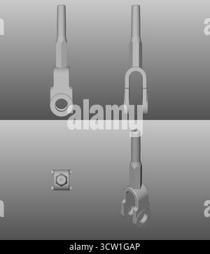 cad-Zugstangensystem, Bohrschraubengabel, Konnektivitätsklemmen Hardware, technische Zeichnung in 3D Stockfoto