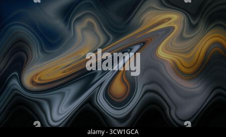 Wirbelndes abstraktes Muster aus dunkelblauem und goldfarbenem flüssigem Marmor mit glatten Verläufen und metallischem Glanz. Stockfoto