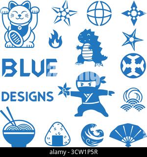 Japanische Kawaii Ästhetik Vektor - Anime Stil Cartoon Charaktere, Maneki Neko und kulturelle Symbole Stock Vektor